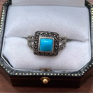 Turquoise and Marcasite Sterling Silver Women's Ring Size 7